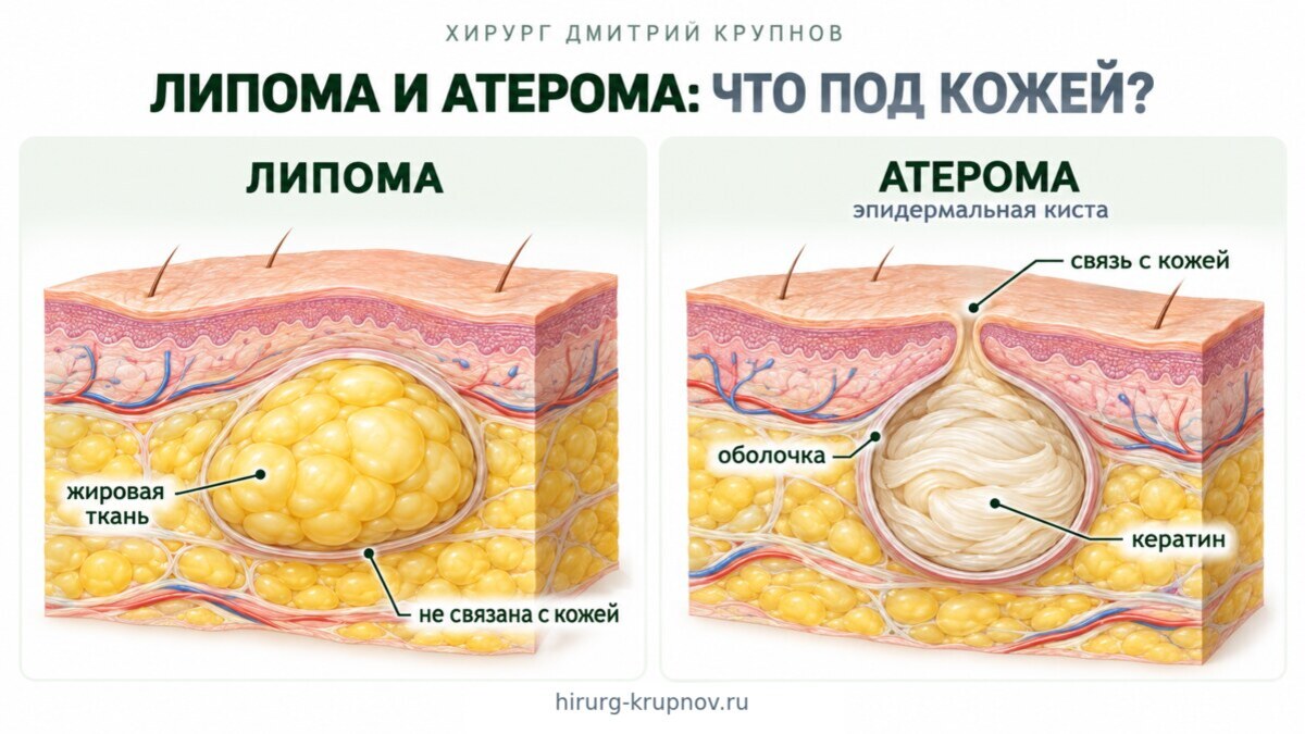 Жировики: липома и атерома. Отличие, строение