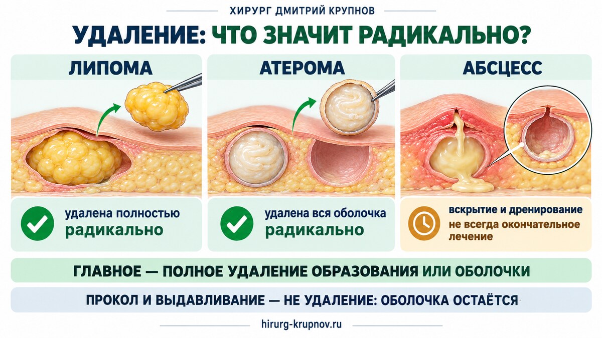Удаление атеромы и липомы. Радикально и не радикально